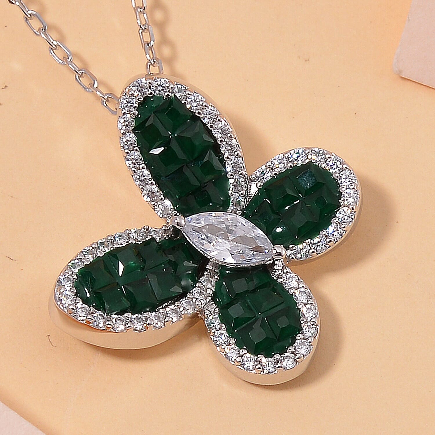 Simulated White and Green Diamond Butterfly Pendant Necklace in Rhodium Over Sterling Silver 20 Inches