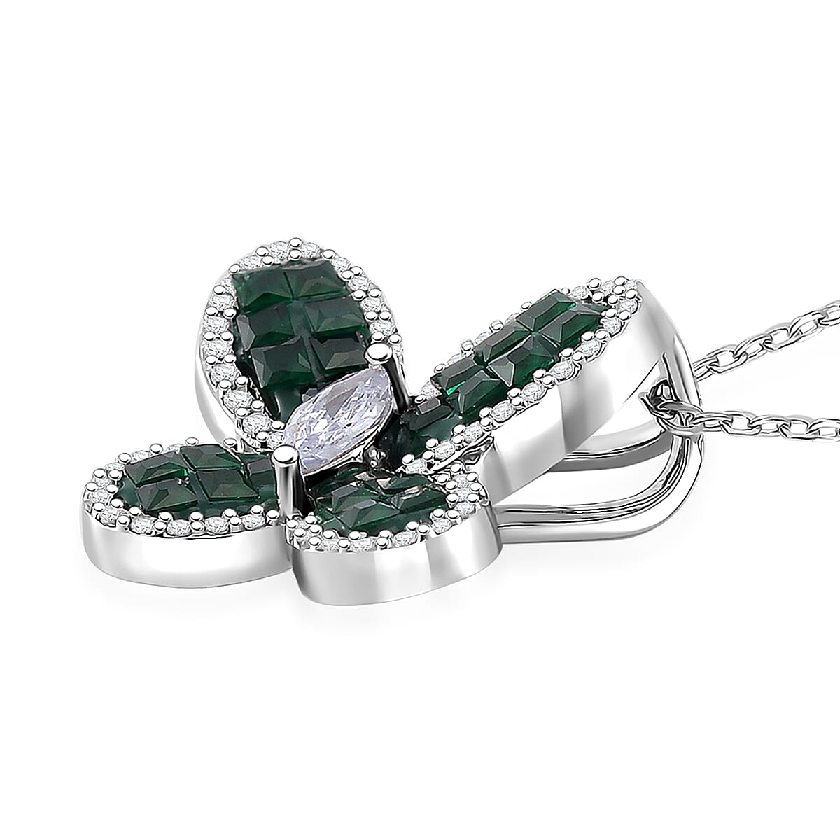 Simulated White and Green Diamond Butterfly Pendant Necklace in Rhodium Over Sterling Silver 20 Inches