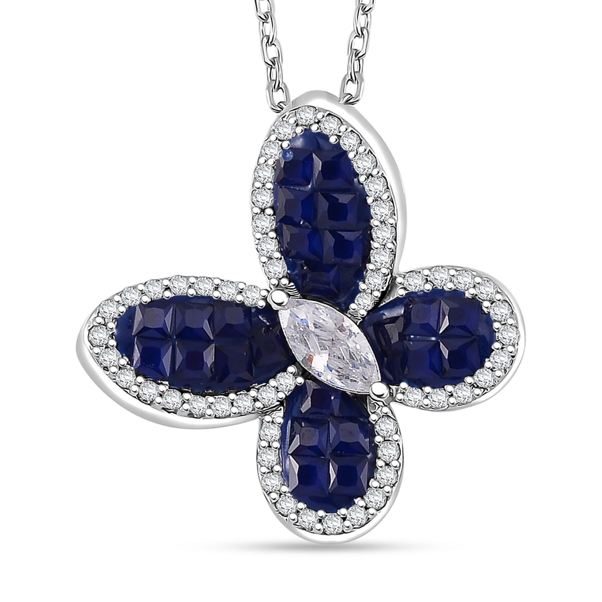 Simulated White and Blue Diamond Butterfly Pendant Necklace in Rhodium Over Sterling Silver 20 Inches image number 0