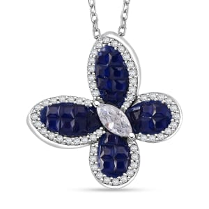 Simulated White and Blue Diamond Butterfly Pendant Necklace in Rhodium Over Sterling Silver 20 Inches
