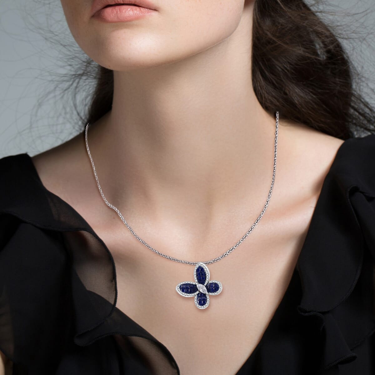 Simulated White and Blue Diamond Butterfly Pendant Necklace in Rhodium Over Sterling Silver 20 Inches image number 2
