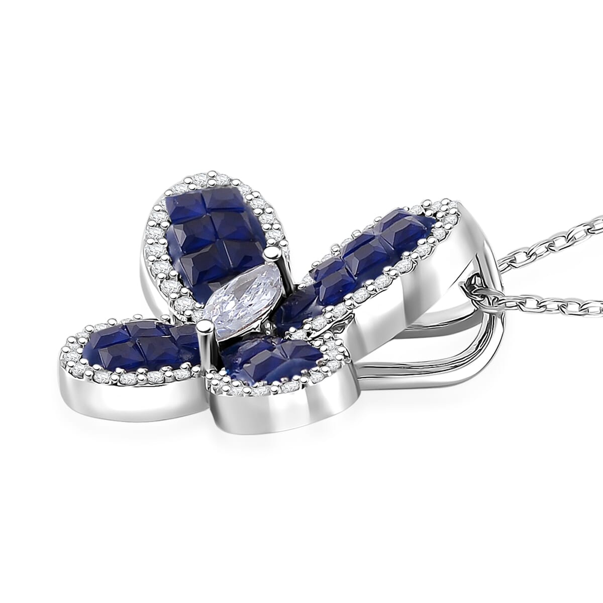 Simulated White and Blue Diamond Butterfly Pendant Necklace in Rhodium Over Sterling Silver 20 Inches image number 3