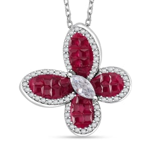 Simulated White and Red Color Diamond Butterfly Pendant Necklace in Rhodium Over Sterling Silver 20 Inches