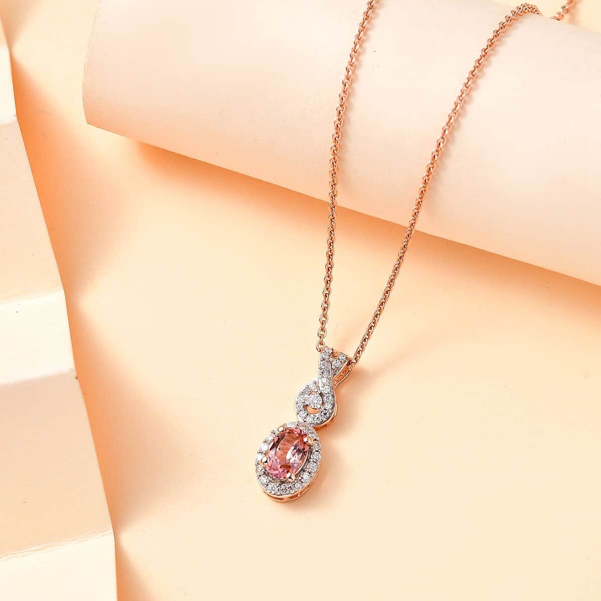 Premium Blush Tourmaline and Moissanite 0.75 ctw Infinity Love Pendant Necklace in 18K Vermeil Rose Gold Over Sterling Silver 20 Inches image number 1