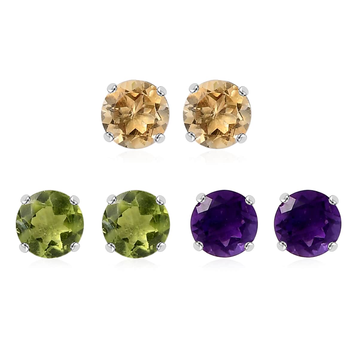 Set of 3 African Amethyst, Brazilian Citrine and Peridot 2.85 ctw Solitaire Stud Earrings in Sterling Silver image number 0