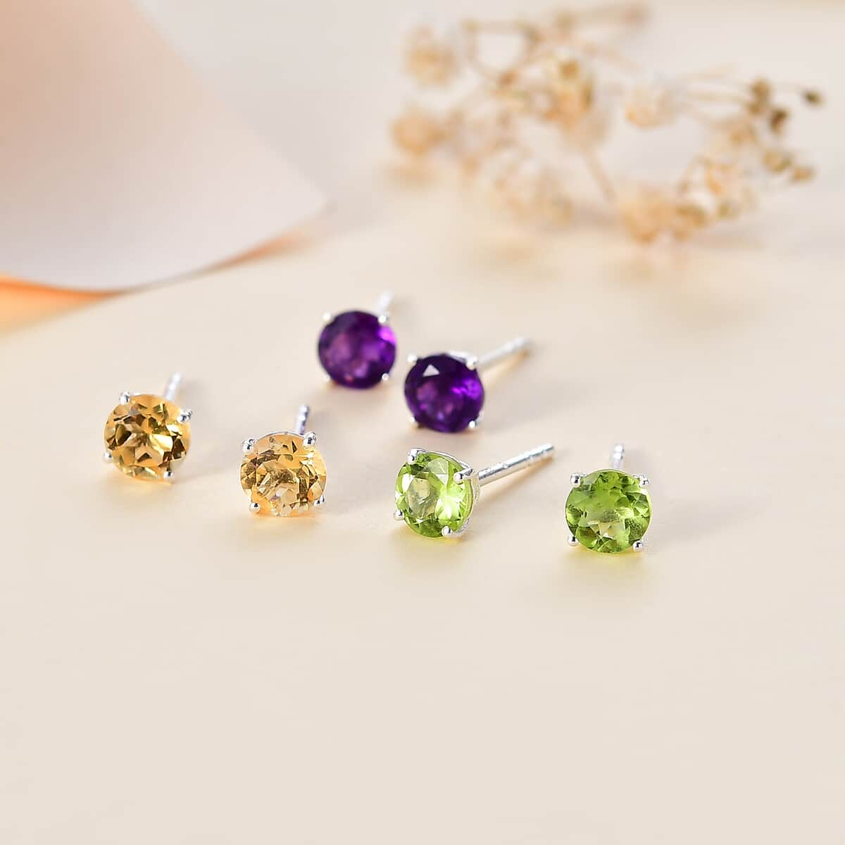 Set of 3 African Amethyst, Brazilian Citrine and Peridot 2.85 ctw Solitaire Stud Earrings in Sterling Silver image number 1