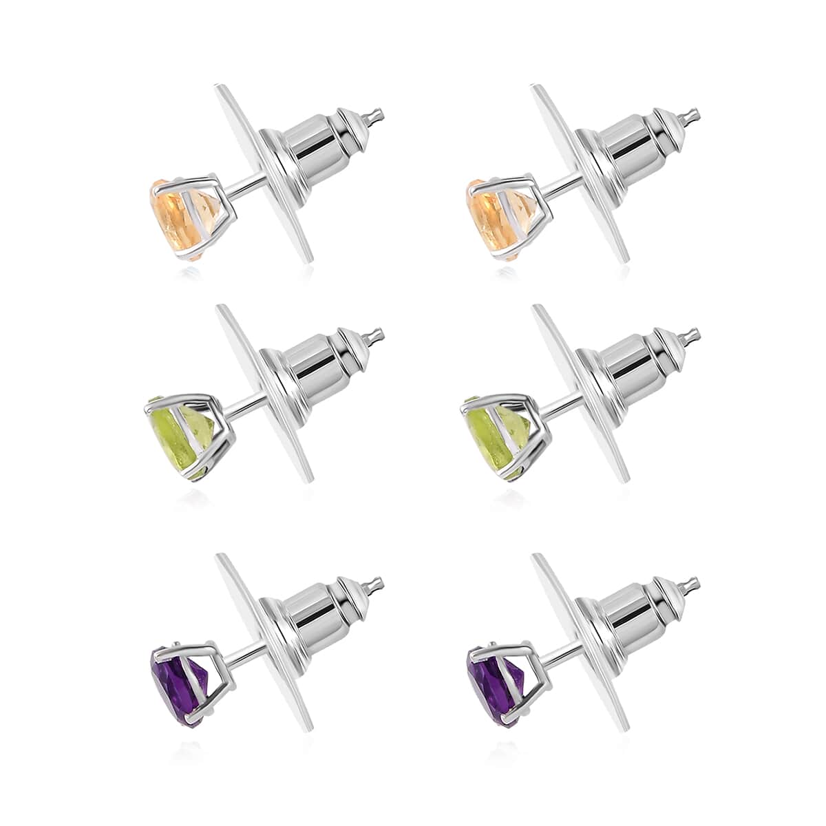 Set of 3 African Amethyst, Brazilian Citrine and Peridot 2.85 ctw Solitaire Stud Earrings in Sterling Silver image number 3