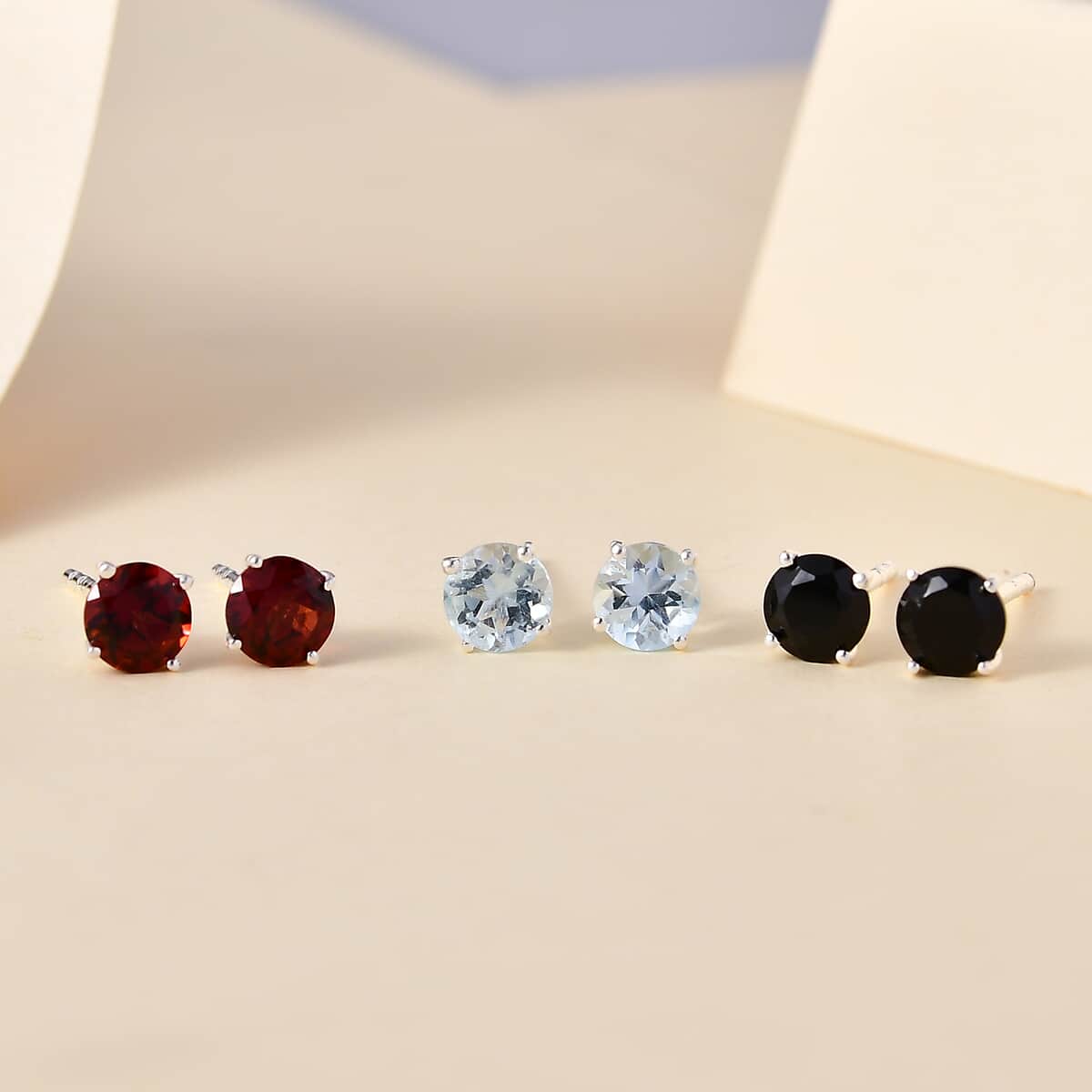 Set of 3 Sky Blue Topaz, Thai Black Spinel and Mozambique Garnet 3.40 ctw Solitaire Stud Earrings in Sterling Silver image number 1