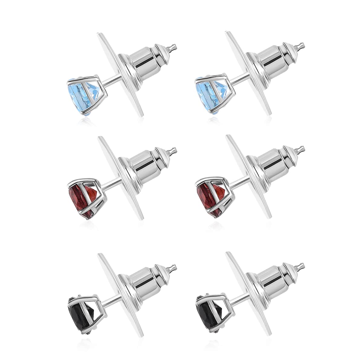 Set of 3 Sky Blue Topaz, Thai Black Spinel and Mozambique Garnet 3.40 ctw Solitaire Stud Earrings in Sterling Silver image number 3