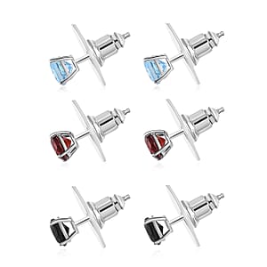 Set of 3 Sky Blue Topaz, Thai Black Spinel and Mozambique Garnet 3.40 ctw Solitaire Stud Earrings in Sterling Silver