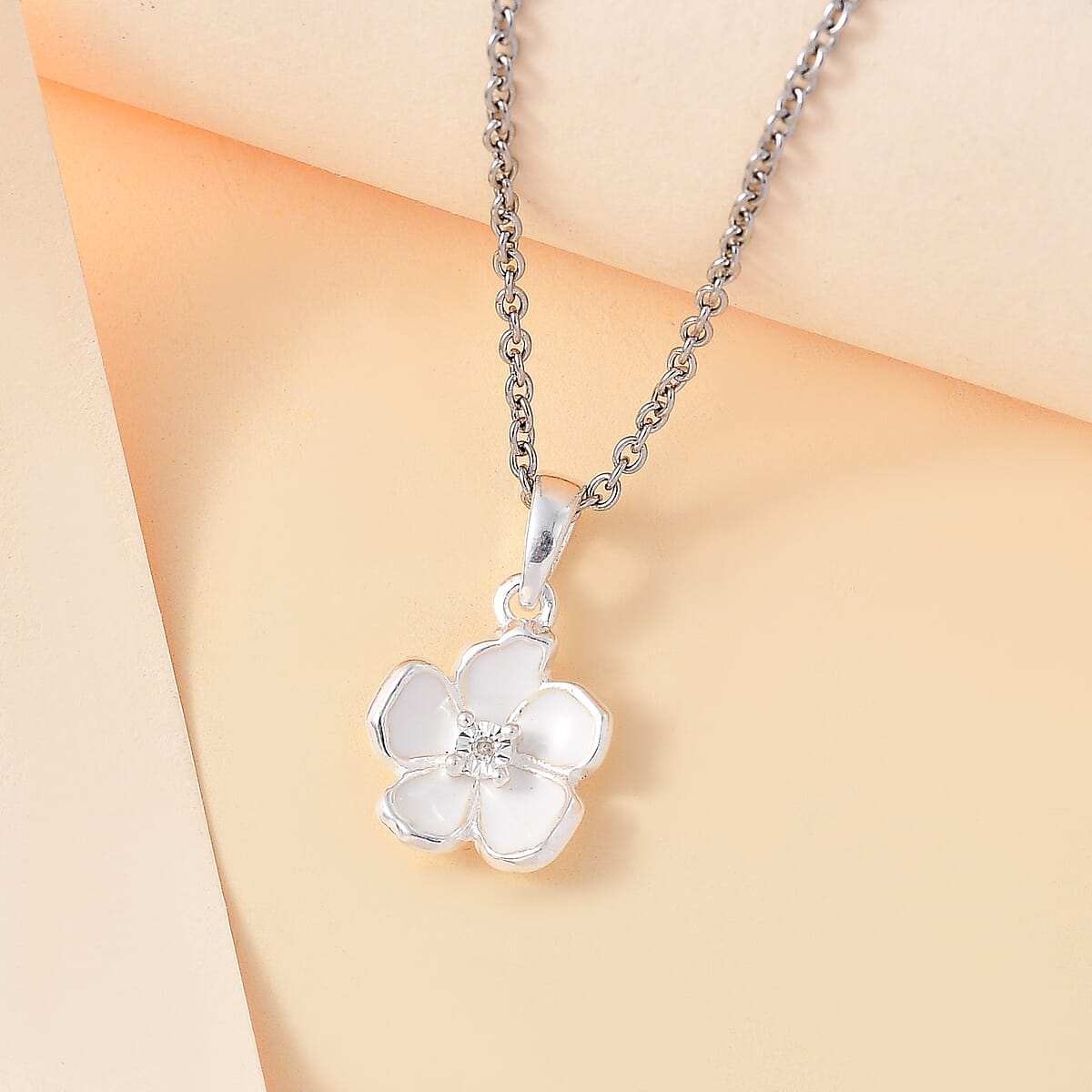 Diamond Accent Flower Pendant in Sterling Silver with Stainless Steel Necklace 20 Inches image number 1