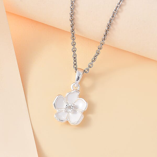 Diamond Accent Flower Pendant in Sterling Silver with Stainless Steel Necklace 20 Inches