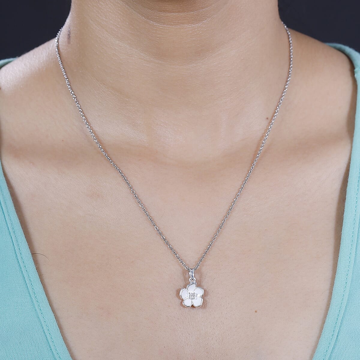 Diamond Accent Flower Pendant in Sterling Silver with Stainless Steel Necklace 20 Inches image number 2