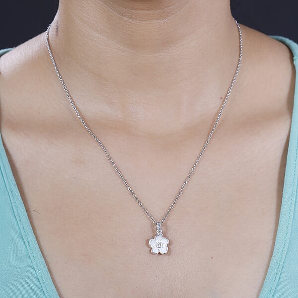Diamond Accent Flower Pendant in Sterling Silver with Stainless Steel Necklace 20 Inches