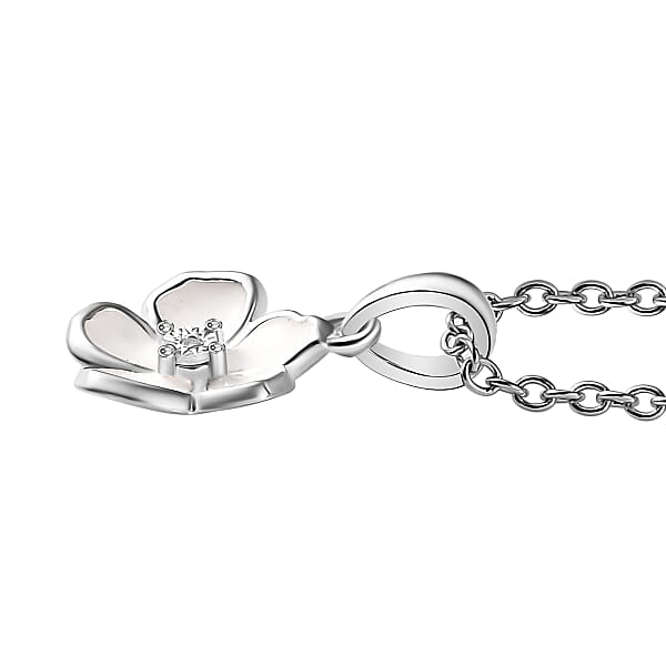 Diamond Accent Flower Pendant in Sterling Silver with Stainless Steel Necklace 20 Inches