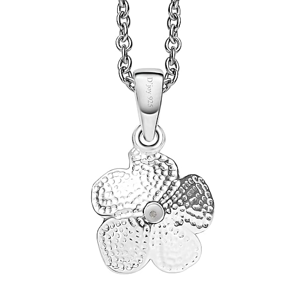 Diamond Accent Flower Pendant in Sterling Silver with Stainless Steel Necklace 20 Inches