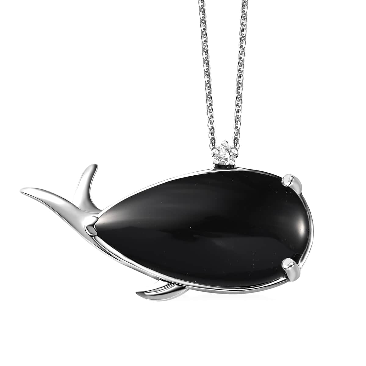 Black Onyx and White Zircon 24.90 ctw Dolphin Pendant Necklace 20 Inches in Rhodium Over Sterling Silver image number 0