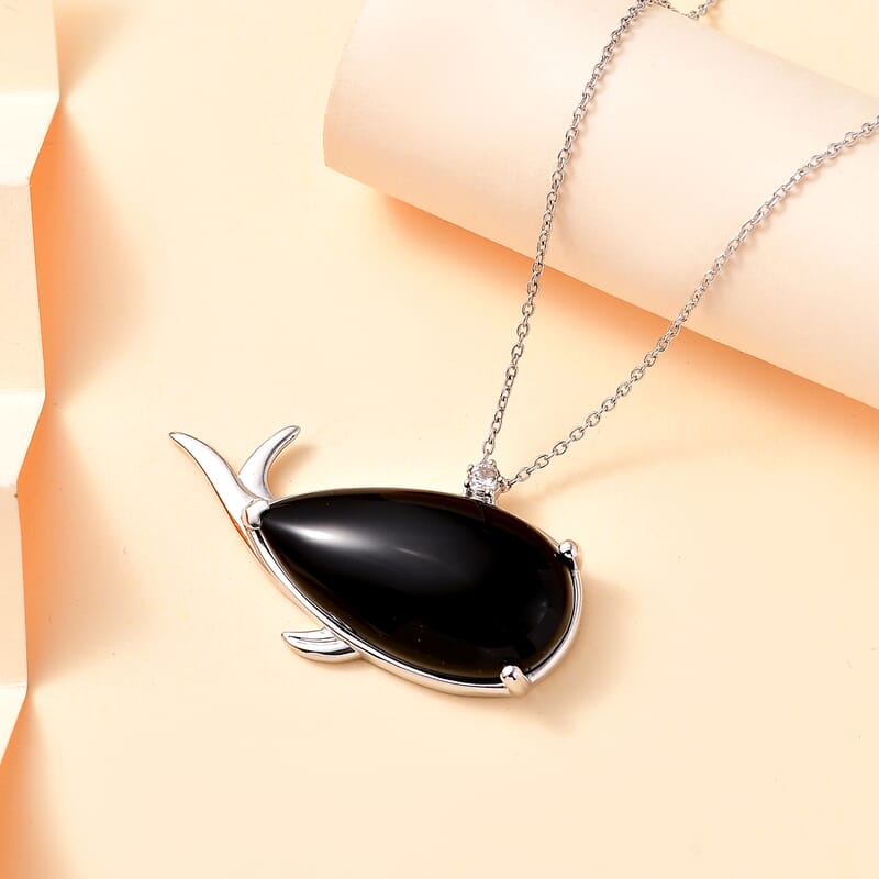 Black Onyx and White Zircon 24.90 ctw Dolphin Pendant Necklace 20 Inches in Rhodium Over Sterling Silver 