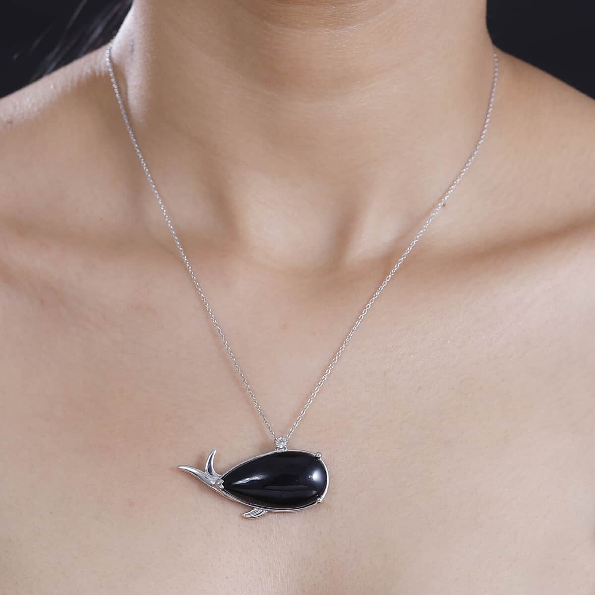 Black Onyx and White Zircon 24.90 ctw Dolphin Pendant Necklace 20 Inches in Rhodium Over Sterling Silver image number 2