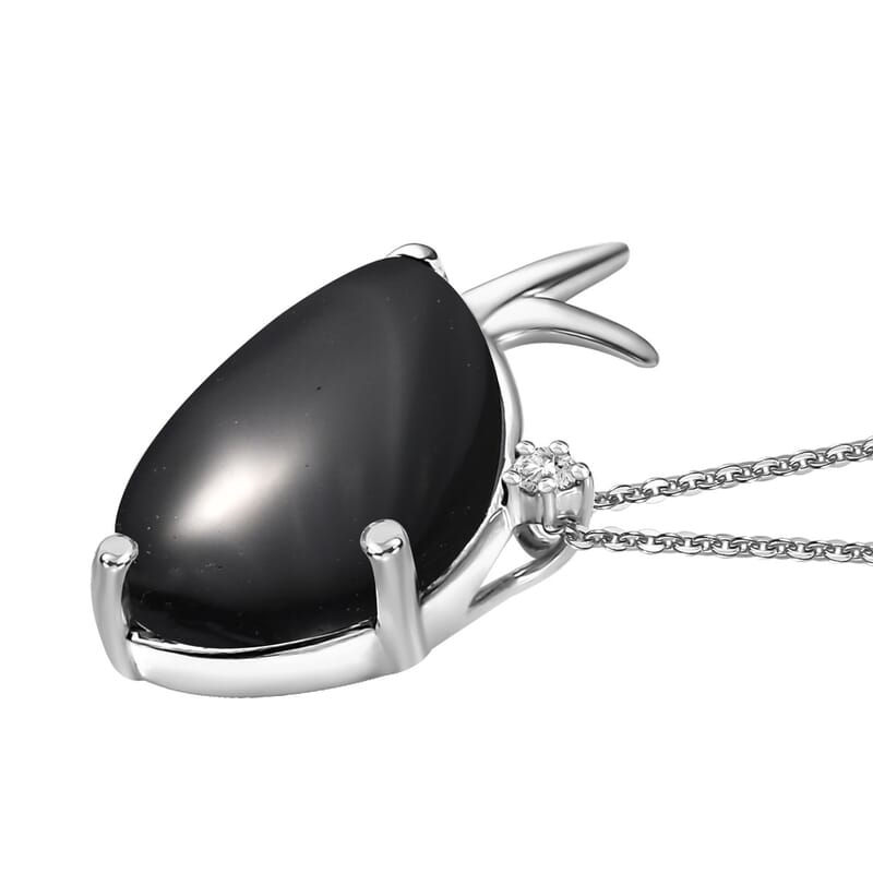 Black Onyx and White Zircon 24.90 ctw Dolphin Pendant Necklace 20 Inches in Rhodium Over Sterling Silver 