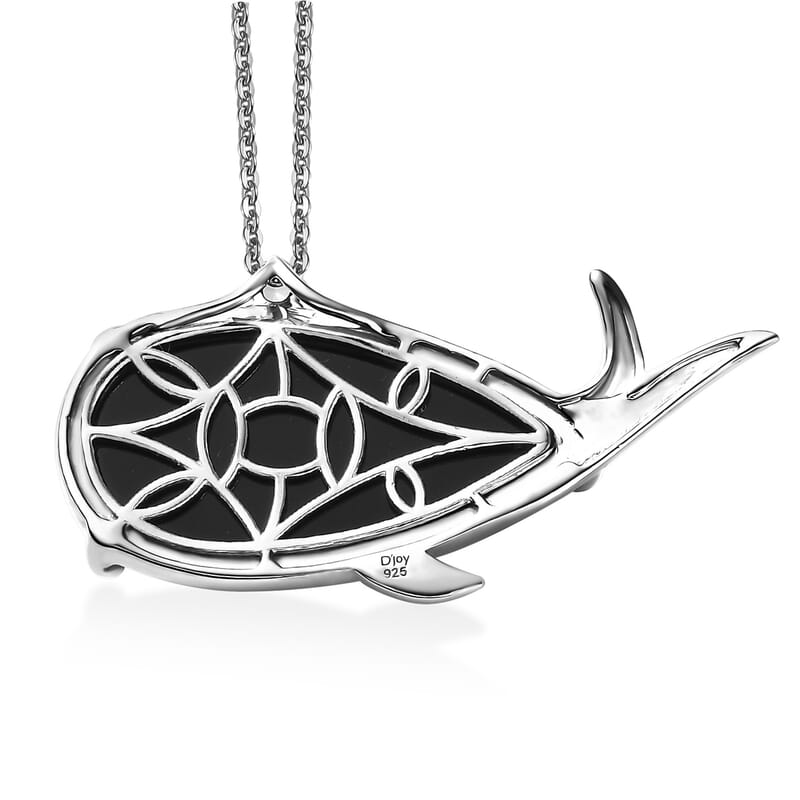 Black Onyx and White Zircon 24.90 ctw Dolphin Pendant Necklace 20 Inches in Rhodium Over Sterling Silver 