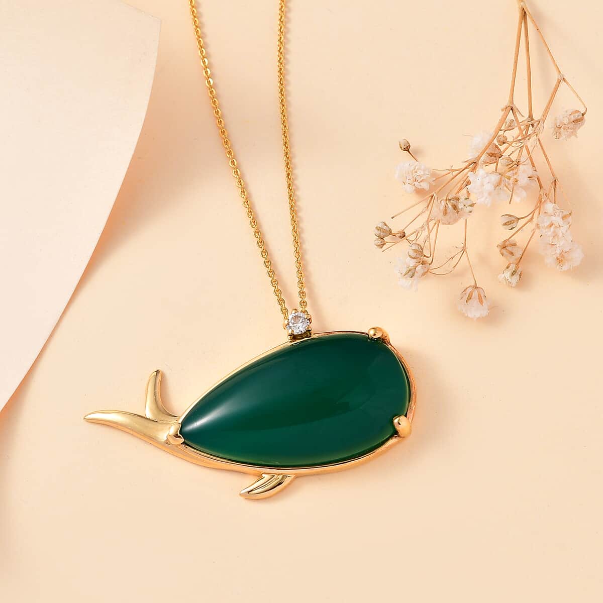 Verde Onyx and White Zircon 24.70 ctw Dolphin Pendant Necklace 20 Inches in 18K Vermeil Yellow Gold Over Sterling Silver  image number 1