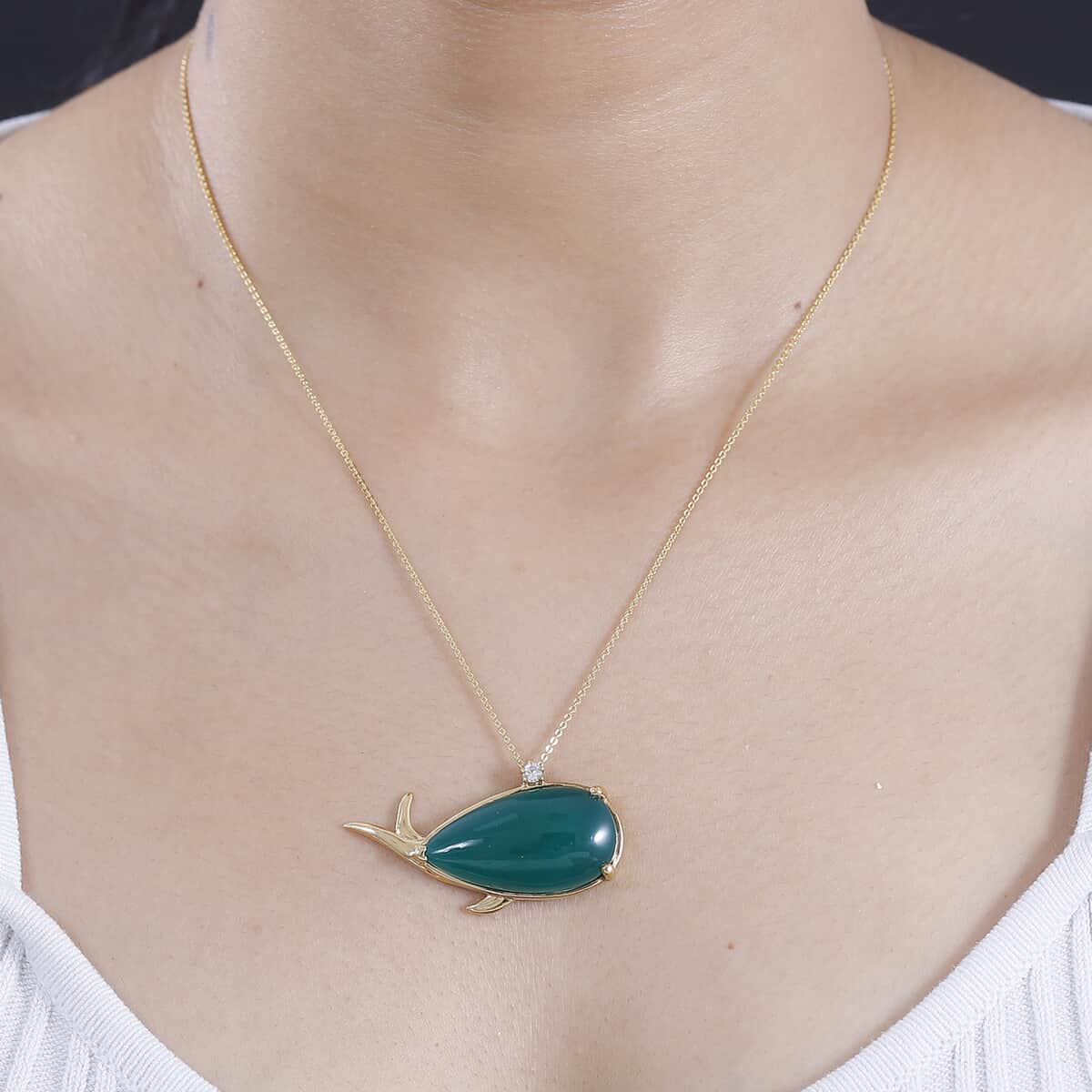 Verde Onyx and White Zircon 24.70 ctw Dolphin Pendant Necklace 20 Inches in 18K Vermeil Yellow Gold Over Sterling Silver  image number 2