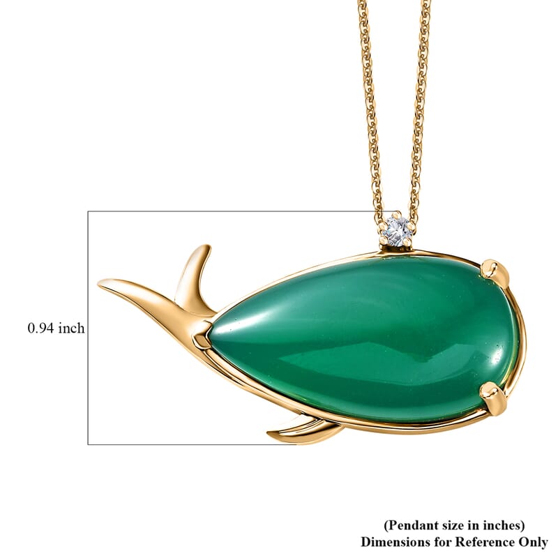 Verde Onyx and White Zircon 24.70 ctw Dolphin Pendant Necklace 20 Inches in 18K Vermeil Yellow Gold Over Sterling Silver 