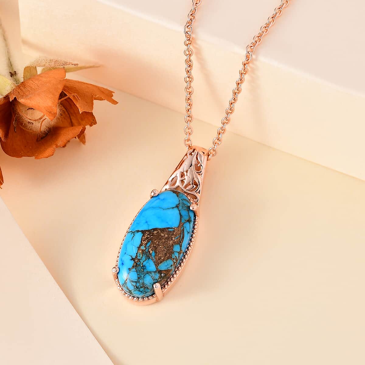 Matrix Chestnut Brine Turquoise 8.60 ctw Pendant in 14K RG Over Copper with Magnet and ION Plated RG Stainless Steel 20 Inches image number 1