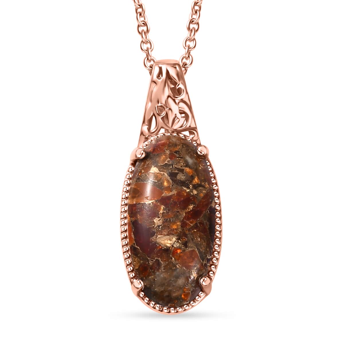 Matrix Fire Opal 7.50 ctw Pendant in 14K Rose Gold Over Copper with Magnet and ION Plated RG Stainless Steel Necklace 20 Inches image number 0