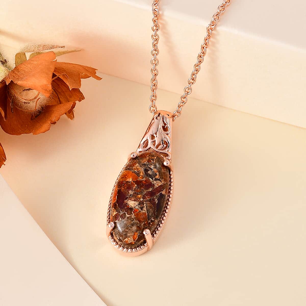 Matrix Fire Opal 7.50 ctw Pendant in 14K Rose Gold Over Copper with Magnet and ION Plated RG Stainless Steel Necklace 20 Inches image number 1