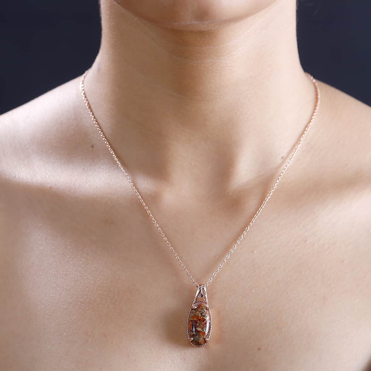 Matrix Fire Opal 7.50 ctw Pendant in 14K Rose Gold Over Copper with Magnet and ION Plated RG Stainless Steel Necklace 20 Inches image number 2