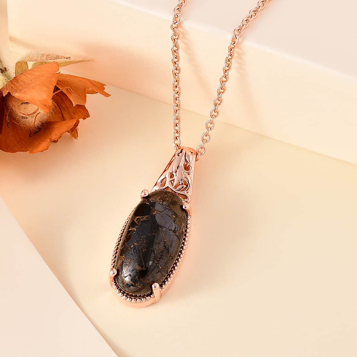 Matrix Silver Shungite 7.40 ctw Pendant in 14K RG Over Copper with Magnet and ION Plated RG Stainless Steel Necklace 20 Inches image number 1