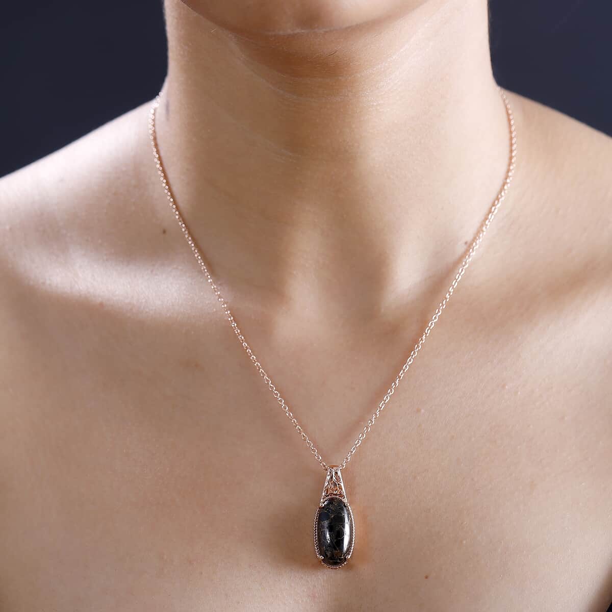 Matrix Silver Shungite 7.40 ctw Pendant in 14K RG Over Copper with Magnet and ION Plated RG Stainless Steel Necklace 20 Inches image number 2