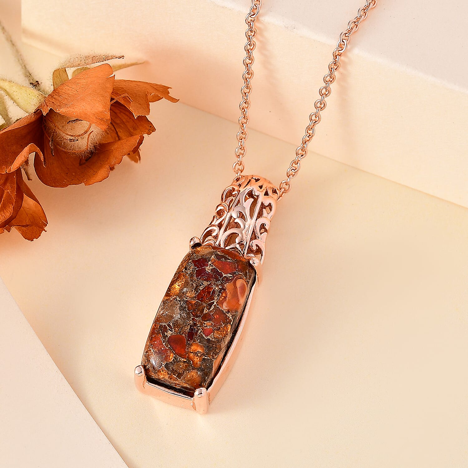 EverTrue Matrix Fire Opal 8.40 ctw Pendant in 14K RG Over Copper with Magnet and ION Plated RG Stainless Steel Necklace 20 Inches