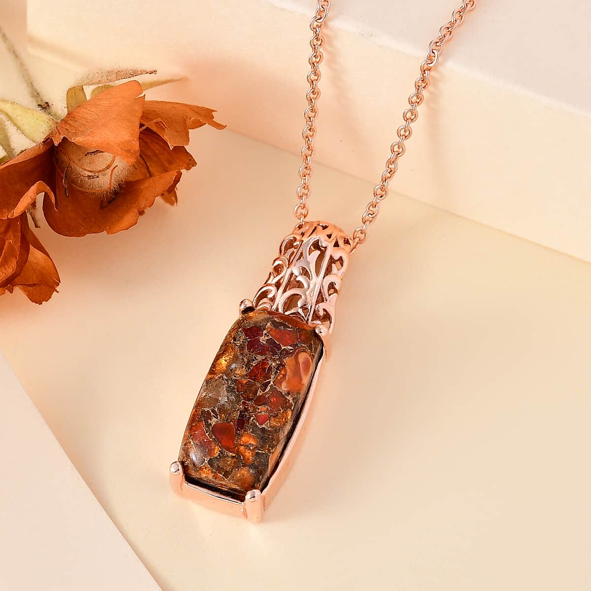 Matrix Fire Opal 8.40 ctw Pendant in 14K RG Over Copper with Magnet and ION Plated RG Stainless Steel Necklace 20 Inches image number 1