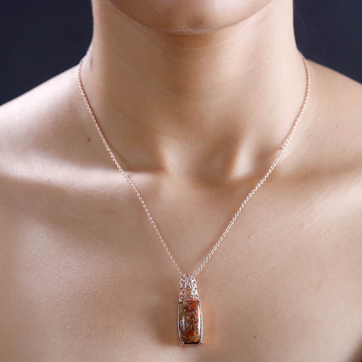 Matrix Fire Opal 8.40 ctw Pendant in 14K RG Over Copper with Magnet and ION Plated RG Stainless Steel Necklace 20 Inches image number 2