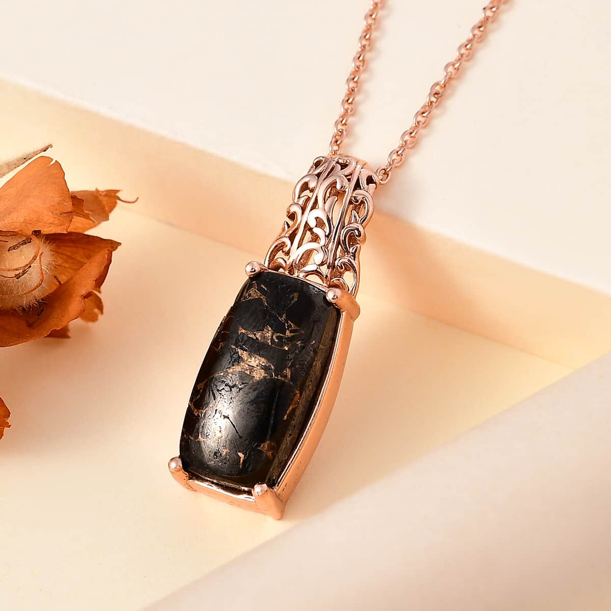 Matrix Silver Shungite 7.50 ctw Pendant in 14K RG Over Copper with Magnet and ION Plated RG Stainless Steel Necklace 20 Inches image number 1