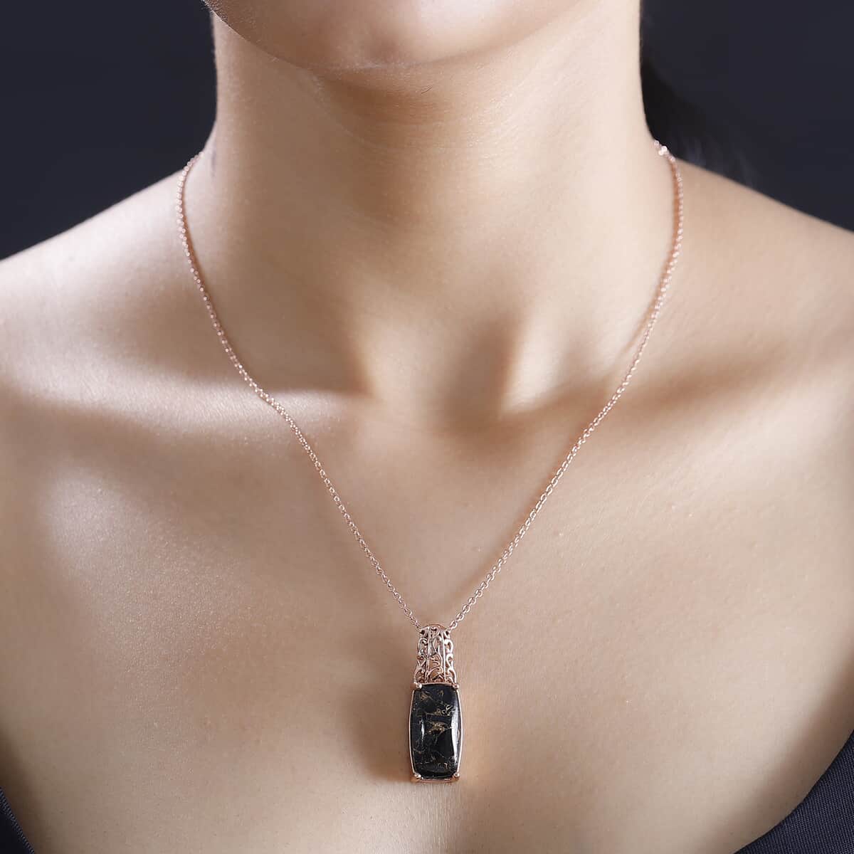 Matrix Silver Shungite 7.50 ctw Pendant in 14K RG Over Copper with Magnet and ION Plated RG Stainless Steel Necklace 20 Inches image number 2