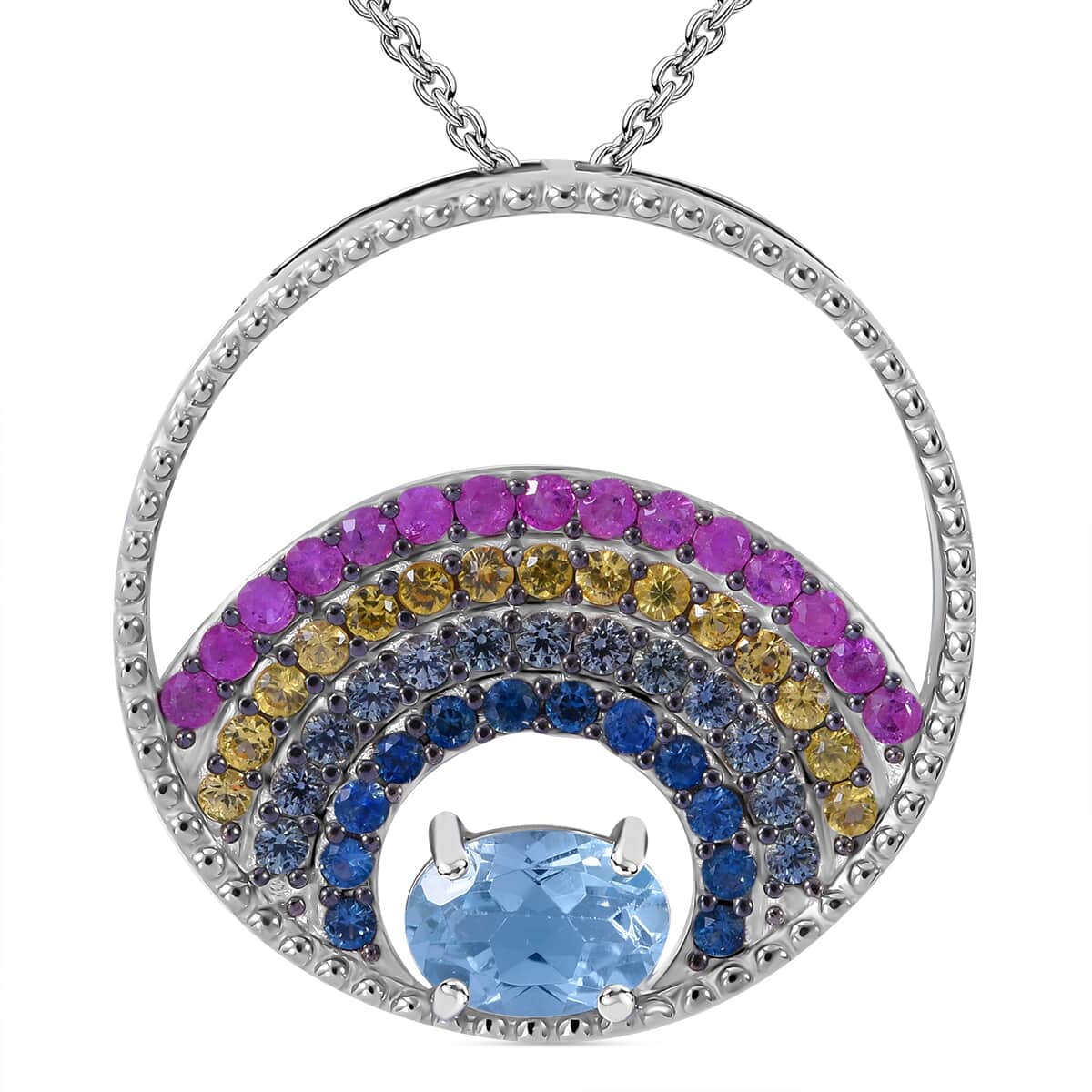 Sky Blue Topaz and Multi Sapphire 2.00 ctw Celestial Orbit Pendant Necklace in Rhodium Over Sterling Silver 20 Inches image number 0