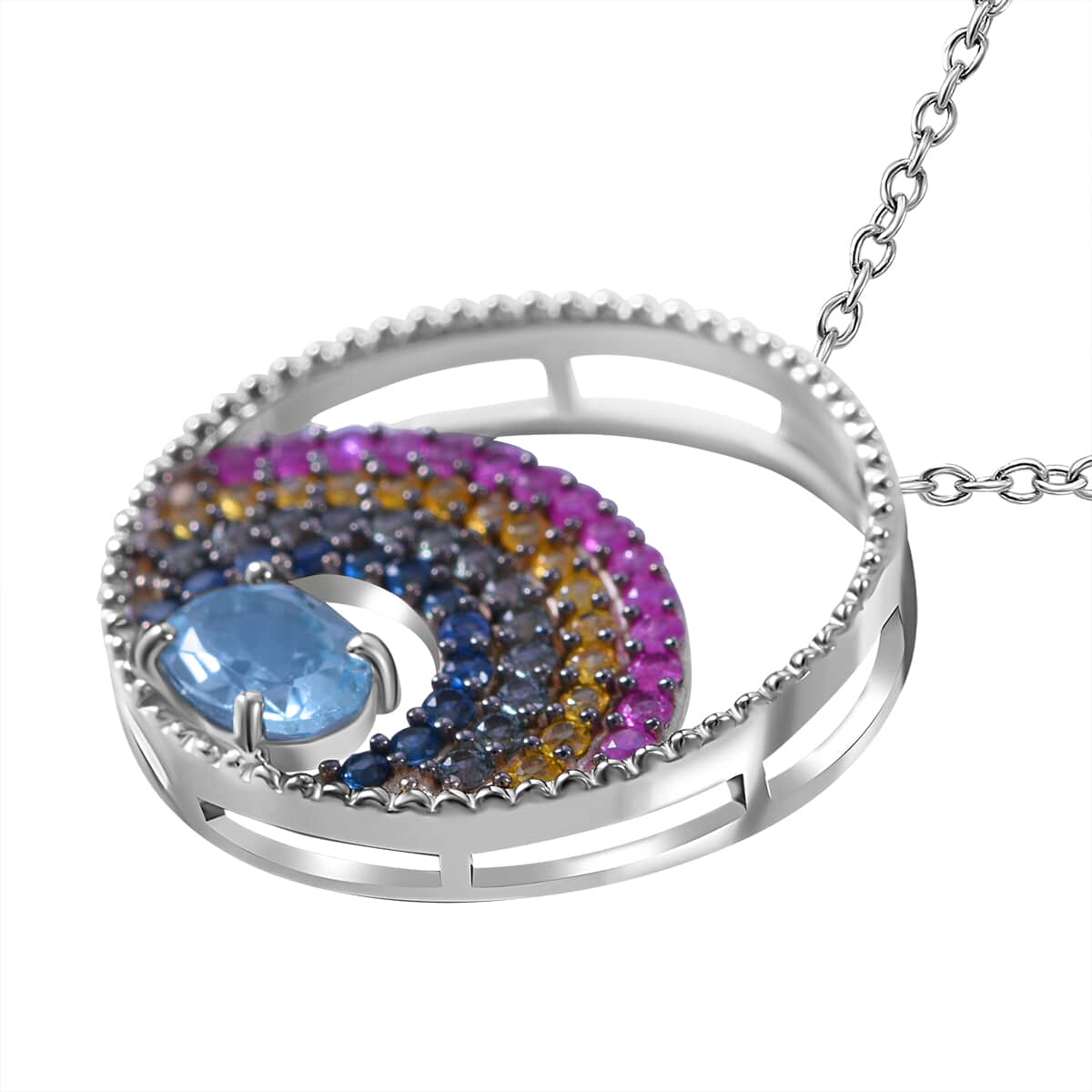 Sky Blue Topaz and Multi Sapphire 2.00 ctw Celestial Orbit Pendant Necklace in Rhodium Over Sterling Silver 20 Inches image number 2