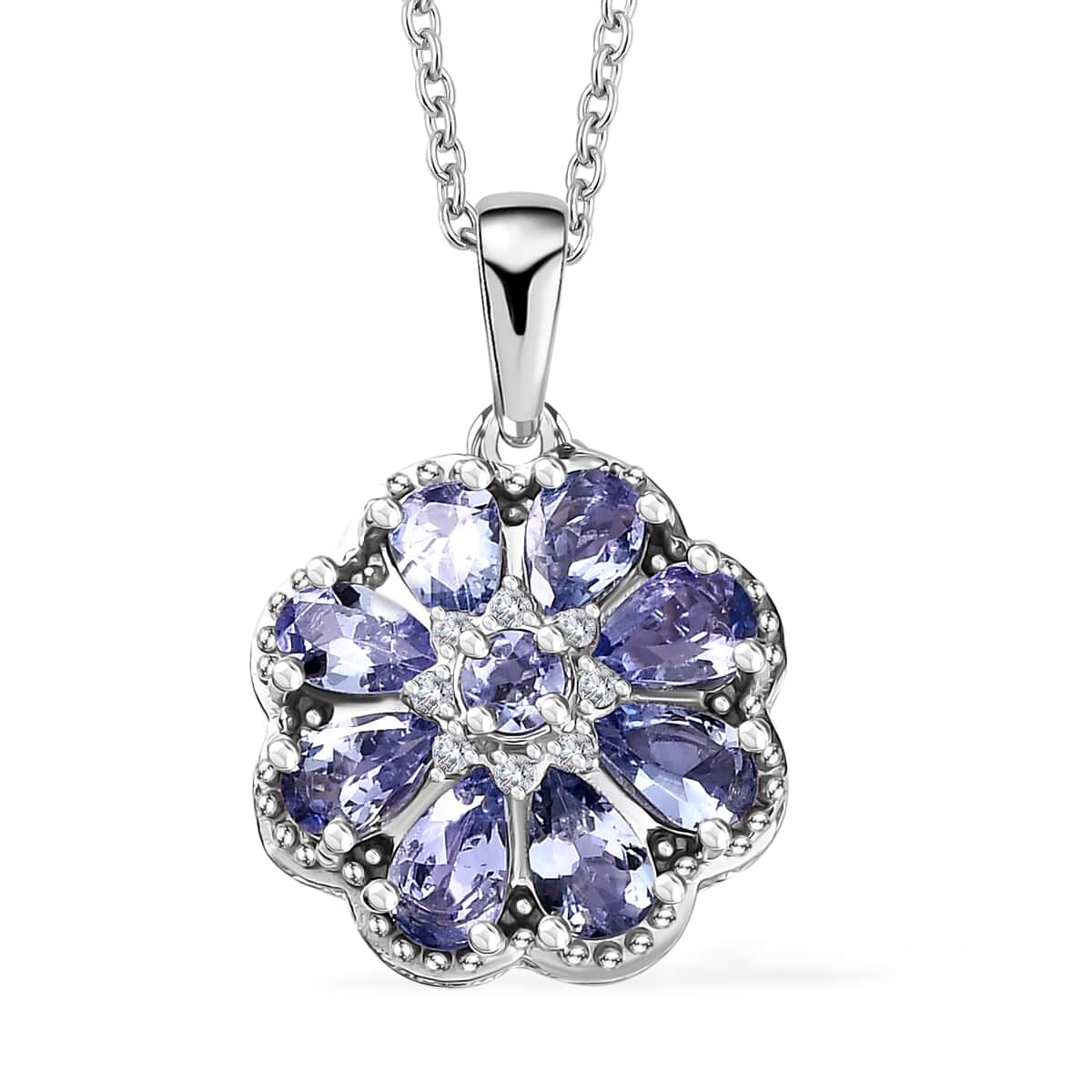 Tanzanite and White Zircon 1.85 ctw Daisy Floral Pendant Necklace in Rhodium Over Sterling Silver 20 Inches image number 0