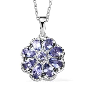 Tanzanite and White Zircon 1.85 ctw Daisy Floral Pendant Necklace in Rhodium Over Sterling Silver 20 Inches