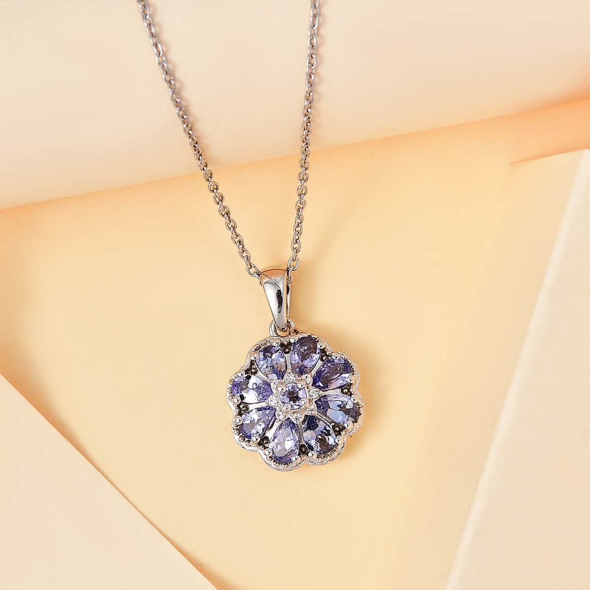 Tanzanite and White Zircon 1.85 ctw Daisy Floral Pendant Necklace in Rhodium Over Sterling Silver 20 Inches image number 1