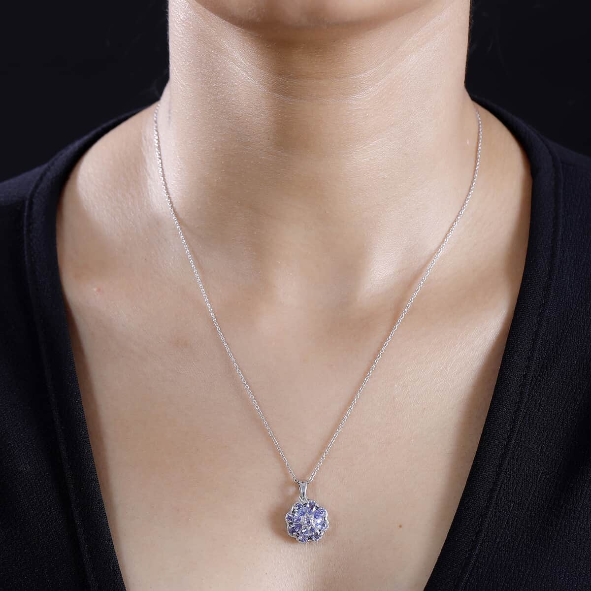 Tanzanite and White Zircon 1.85 ctw Daisy Floral Pendant Necklace in Rhodium Over Sterling Silver 20 Inches image number 2