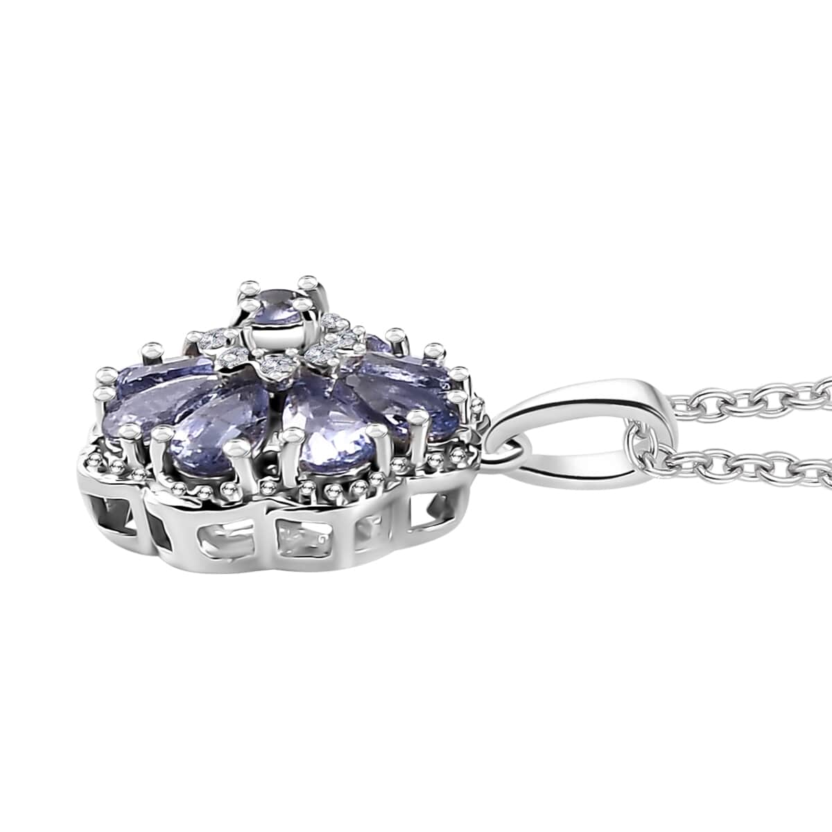 Tanzanite and White Zircon 1.85 ctw Daisy Floral Pendant Necklace in Rhodium Over Sterling Silver 20 Inches image number 3