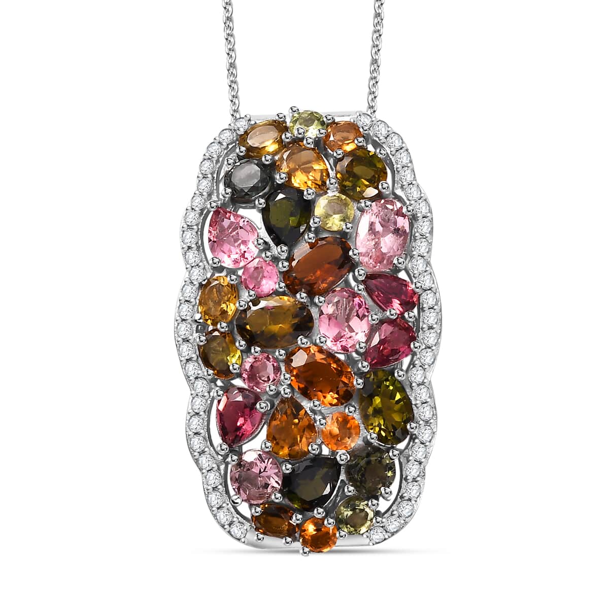 Multi-Tourmaline and White Zircon 8.00 ctw Pendant Necklace in Rhodium Over Sterling Silver 20 Inches image number 0