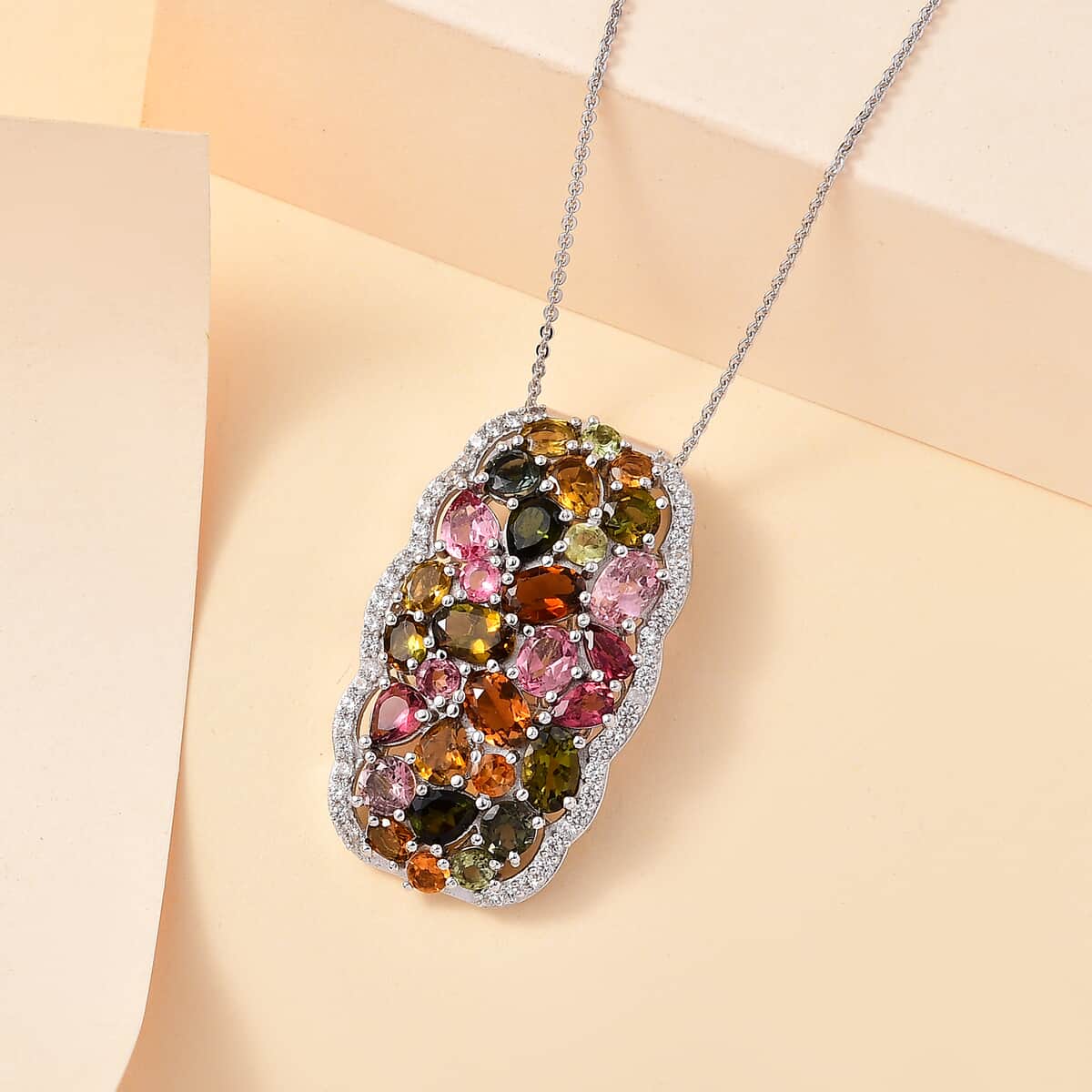 Multi-Tourmaline and White Zircon 8.00 ctw Pendant Necklace in Rhodium Over Sterling Silver 20 Inches image number 1