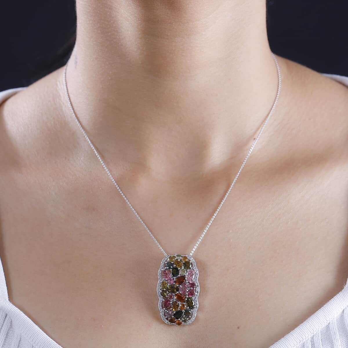 Multi-Tourmaline and White Zircon 8.00 ctw Pendant Necklace in Rhodium Over Sterling Silver 20 Inches image number 2