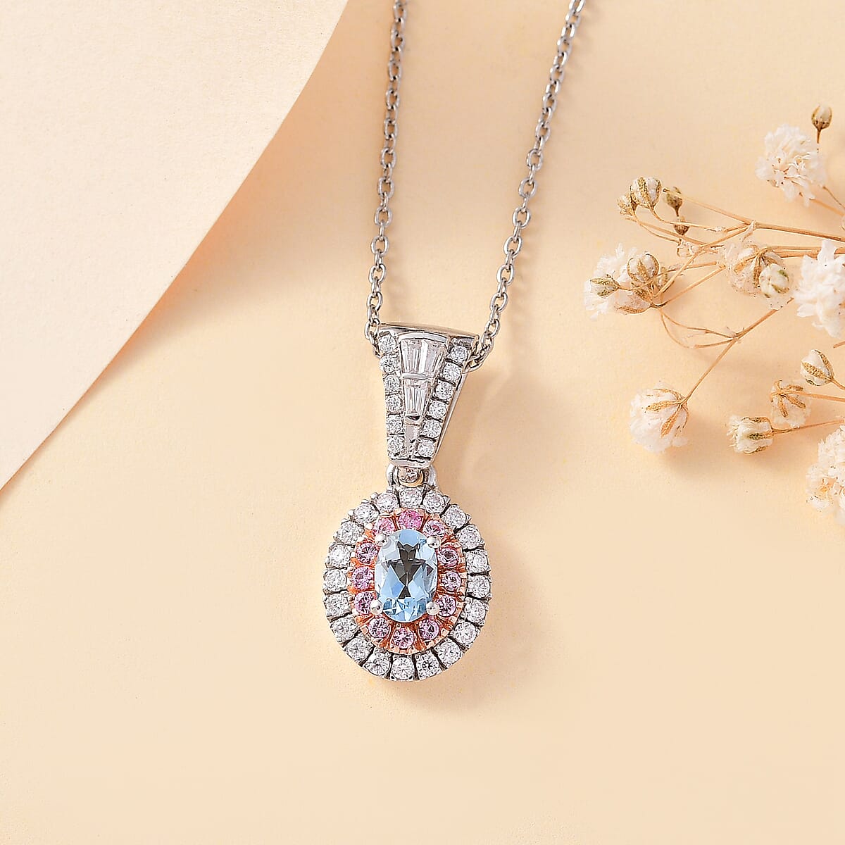 Santa Maria Aquamarine and Multi Gemstone 1.10 ctw Aqua Blossom Pendant Necklace in Rhodium Over Sterling Silver 20 Inches image number 1